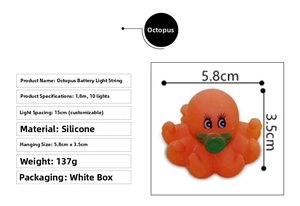 Detail of octopus LED string lights showing size 5.8x3.5cm and technical specifications