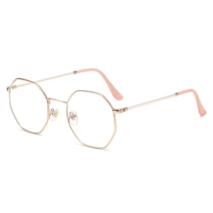 Minimalist rose gold polygonal blue light blocking glasses with stylish pink temples
