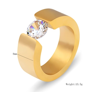 Side view of 8mm wide gold stainless steel ring featuring a large round zircon stone
