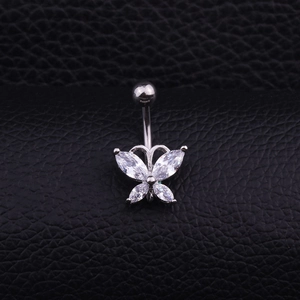 Silver stainless steel belly button ring featuring a marquise-cut zircon butterfly pendant