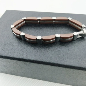 Men's brown leather texture silicone bracelet with silver stainless steel industrial links