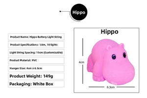 Detailed specs for pink hippo LED string lights, 1.8m length with 10 vinyl lamps