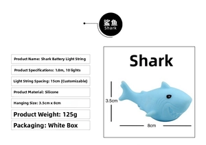 Detailed specifications of blue vinyl shark LED string lights with size and weight info