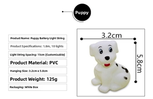 Detailed specs of 1.8m 10-LED string lights with white vinyl puppy shaped ornaments