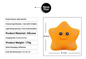 Detailed size specifications for yellow vinyl starfish LED string lights with 10 bulbs
