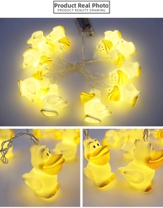 Detailed close-up of LED duck string lights showing warm glow and cute cartoon design