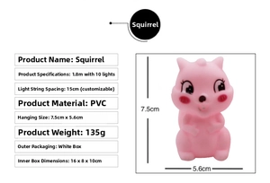 Detailed size specifications for 1.8m LED string lights with pink vinyl squirrel pendants