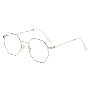 Modern silver polygonal metal frame blue light blocking glasses with white temple tips