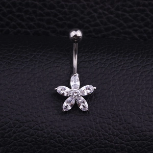 Polished stainless steel belly ring with sparkling five-petal zircon flower on black leather