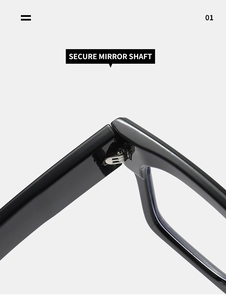 Detailed macro view of the secure metal reinforced hinge on black square eyeglass frames