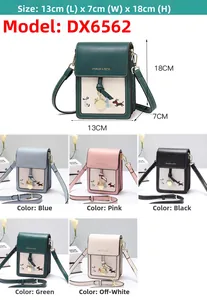 Detailed view showing dimensions 13x7x18cm and various colors of the puppy crossbody bag