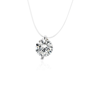 Minimalist single zircon pendant necklace with invisible clear fishline chain on white background