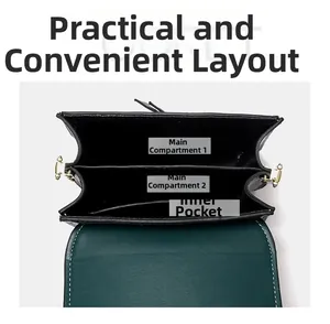 Detailed macro view showing three organized interior compartments of the dark green handbag
