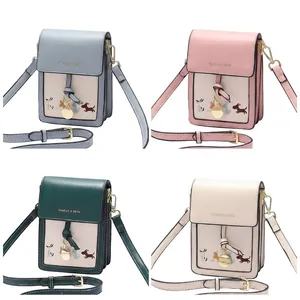 Chic women's crossbody phone bags in blue, pink, green, and beige with cute puppy embroidery