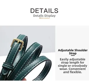 Detail of green leather strap with gold buckle and white stitching for crossbody bag