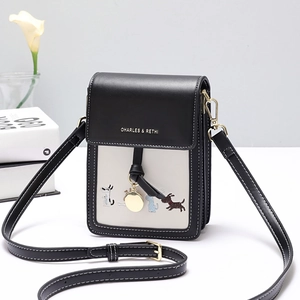 Mini Crossbody Phone Bag PU Leather Contrast Color Dog Embroidery Flap Small Shoulder Purse For Women