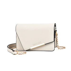 Sac bandoulière carré en cuir beige avec garniture dorée et logo Romantic Paris