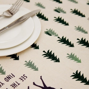 Christmas pine tree and deer print linen-cotton tablecloth with vintage festive patterns