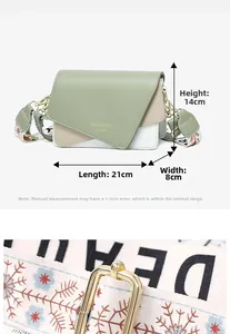 Detailed view of tricolor crossbody bag with wide strap, size 21x14x8cm specifications
