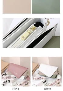 Detail of color-block PU leather crossbody bag with wide embroidered floral shoulder strap