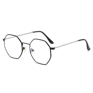 Polygonal black metal anti-blue light glasses frame shown from a 45-degree angle