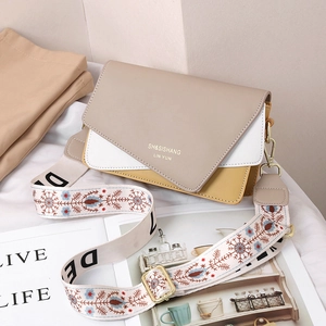 Fashionable tricolor patchwork square crossbody bag with ethnic embroidered wide strap