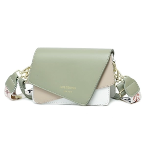 Fashionable square crossbody bag in sage green and beige with a patterned wide strap