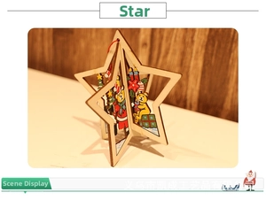Vue détaillée d'un pendentif étoile de Noël en bois avec illustrations d'ours et bougies