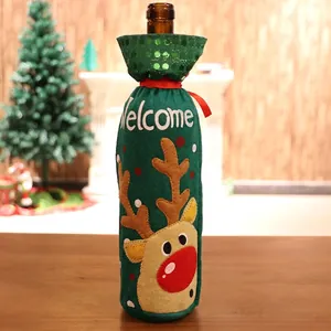 Christmas reindeer wine bottle cover with Welcome embroidery and green sequins