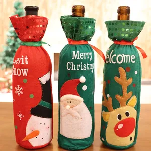 Christmas Wine Bottle Cover Sequin Non-woven Fabric Santa Claus Snowman Reindeer Applique Holiday Table Party Decor