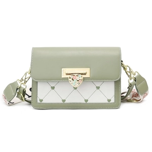 Sac bandoulière vert et blanc avec fermoir cœur doré et sangle à motif floral