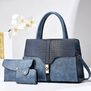 Three-piece women bag set with blue marble texture and black croc flap with gold lock