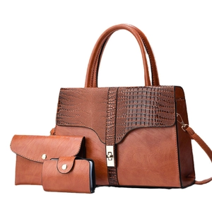 Brown faux leather handbag 3-piece set with crocodile embossed texture and metal lock
