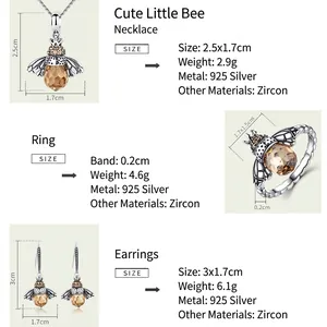 S925 sterling silver bee jewelry set with yellow crystals and necklace earrings ring