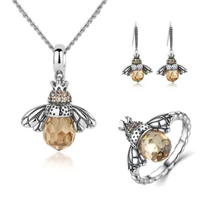 925 Sterling Silver Cute Bee Jewelry Set Yellow Zirconia Inlaid Necklace Earrings Ring Bracelet For Women Gift Bee Collection