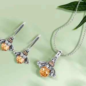 Cute S925 sterling silver bee jewelry set with yellow crystals for women