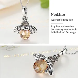 S925 sterling silver honey bee pendant necklace with amber crystal and crown detail