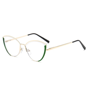 Golden cat eye metal glasses frame with green accents and anti-blue light lenses