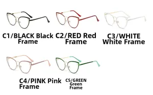 Sammlung von fünf modischen Katzenaugen Brillenrahmen in Schwarz Rot Weiß Rosa und Grün