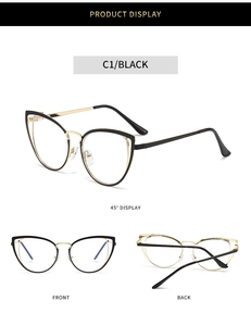 Drei Perspektiven der schwarzen Cateye-Metallbrille mit goldenen Bügeln und Nasensteg