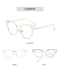 Drei-Seiten-Ansicht der Cat-Eye-Brille mit weißem Rahmen und goldenen Metallbügeln
