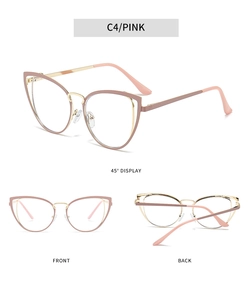 Drei-Seiten-Ansicht der rosa Katzenaugen-Metallbrille mit goldenen Details