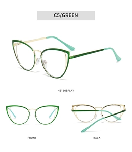 Detailansicht der Cat-Eye-Metallbrille in Dunkelgrün und Gold aus verschiedenen Winkeln