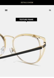 Detailaufnahme des Metallscharniers und Texturrahmens am Cat-Eye-Brillengestell