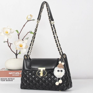 Women Quilted Shoulder Bag PU Leather Crossbody Handbag With Chain Strap T-Lock And Plush Charm Chic Fashion