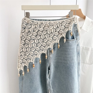 Women Bohemian Crochet Cotton Waist Scarf Triangle Hollow Out Lace Belt With Tassels Retro Layering Accessory