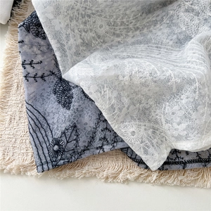 Detailed close-up of white floral lace fabric and delicate embroidery textures