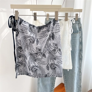 White lace and gray embroidered layered mini skirt hem for leggings and slim outfits