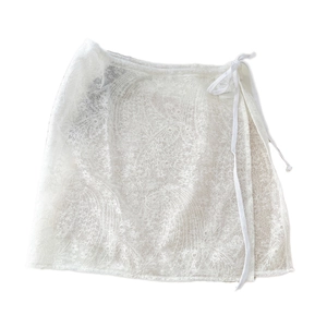 White lace wrap skirt extender with floral patterns and adjustable tie waist