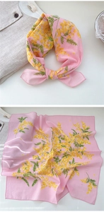 Detail of pink floral square scarf with yellow mimosa print and fine stitched edges